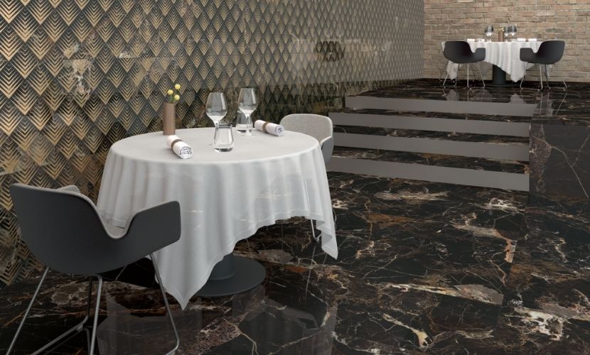 El efecto mármol es muy idóneo para los suelos de los  restaurantes.